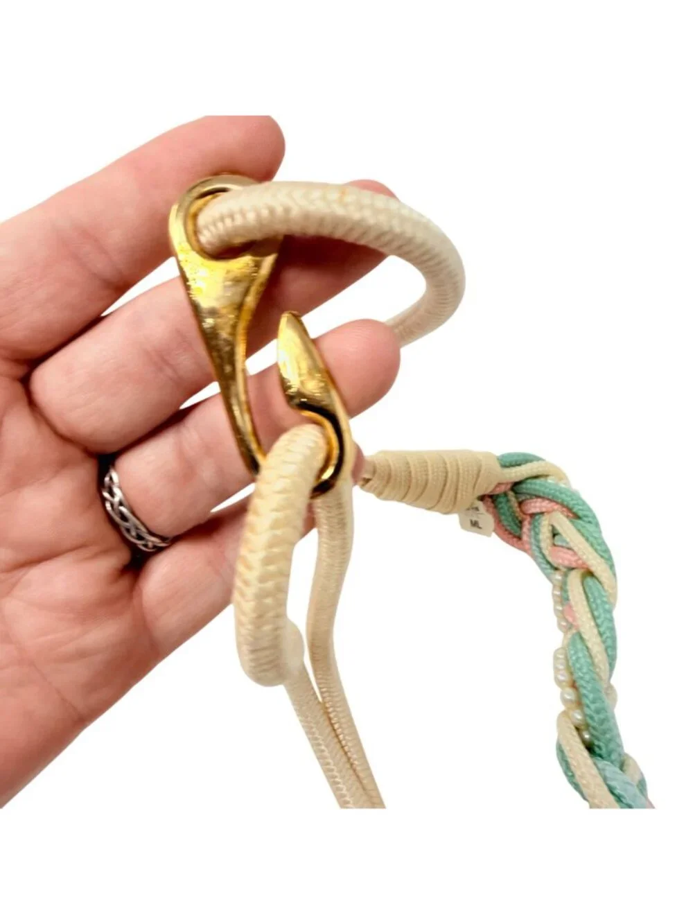 Vintage Pastel Braided Stretch Belt Cream Beaded Pearl Nylon Womens 1980s‎